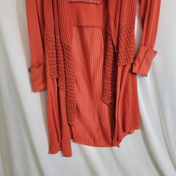 TINY Anthropologie Orange Coral Crochet Boho Lightweight Cardigan Sweater Medium - Picture 3 of 10